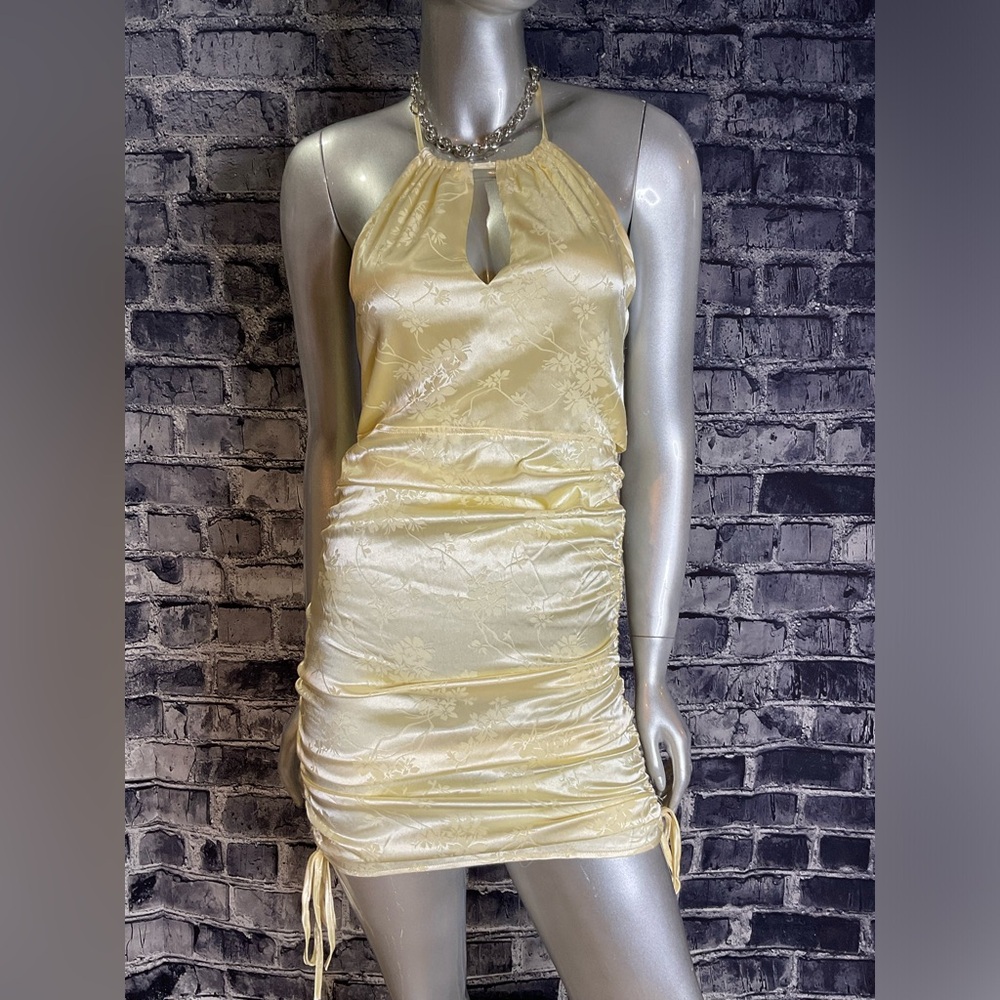 Yellow Satin Brocade Mini Bodycon Summer Dress